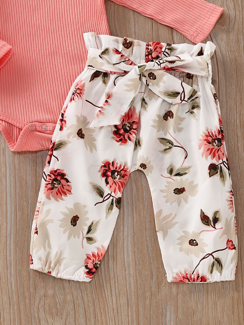 Nyfødte Babypiger Flæse Langærmet Top & Blomsterprint Bukser & Pandebånd Sæt