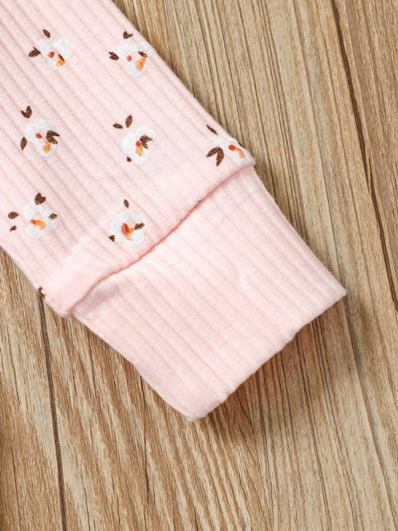 Nyfødte Babypiger Søde Flæsede Trøjer Toppe & Buebukser Sæt Med Blomsterprint Til Vinter