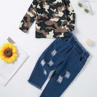 Pige Camo Sleeve Top + Ripped Raw Hem Jeans Sæt Børnetøj