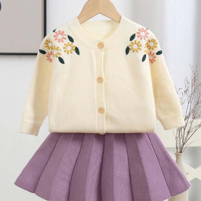 Pige Tyk Broderet Sweater Cardigan & Nederdel 2 Stk