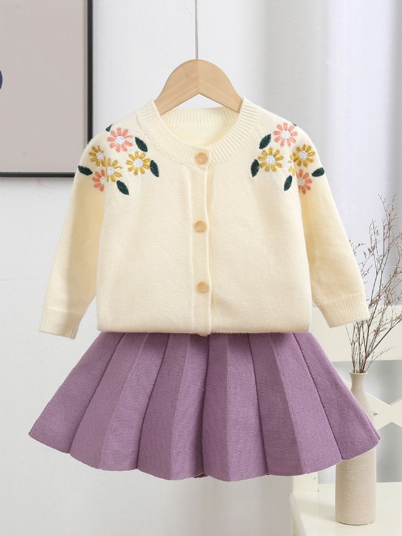 Pige Tyk Broderet Sweater Cardigan & Nederdel 2 Stk