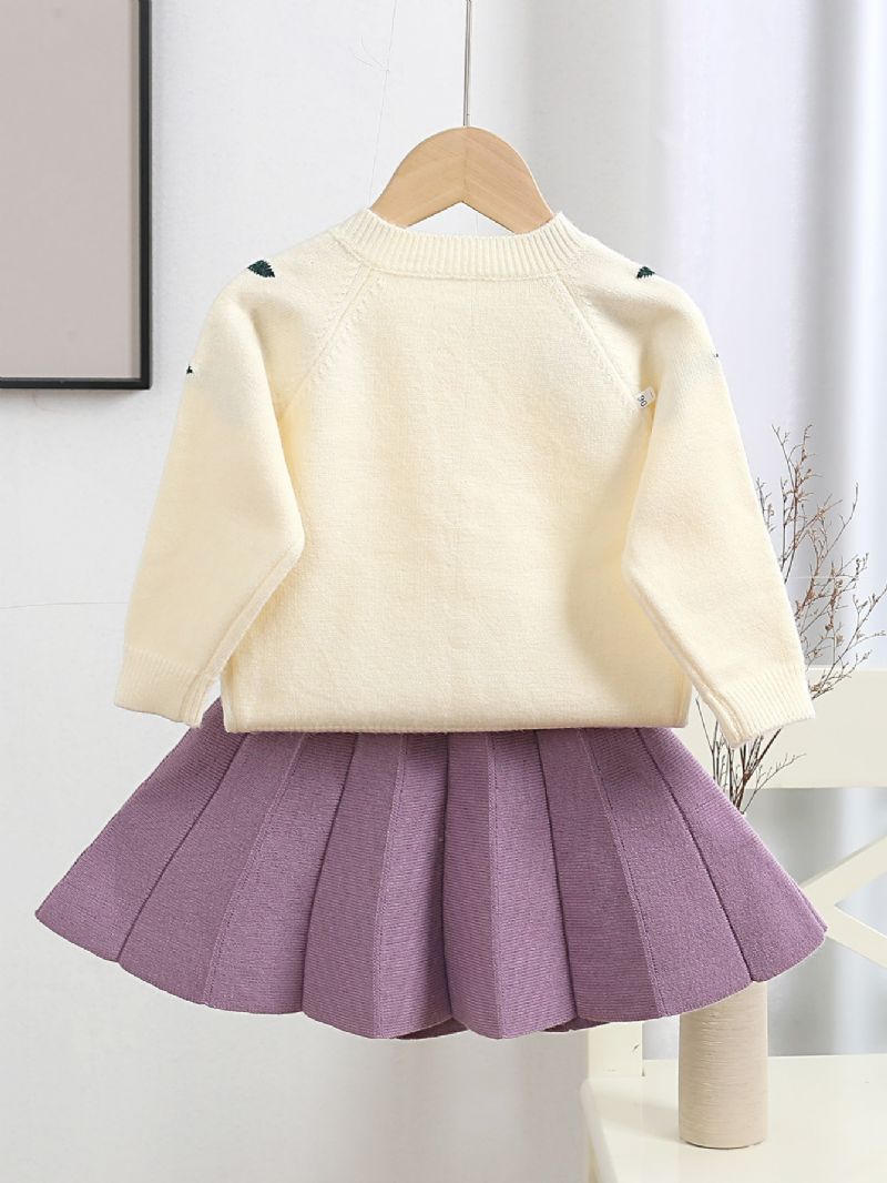 Pige Tyk Broderet Sweater Cardigan & Nederdel 2 Stk