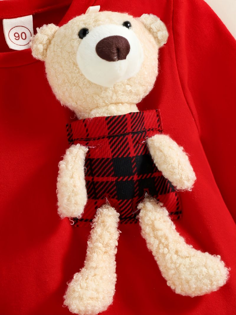 Piger Aftagelig Tegneserie Bjørn Sweatshirt & Plaid Bue Foran Nederdel Sæt Jul