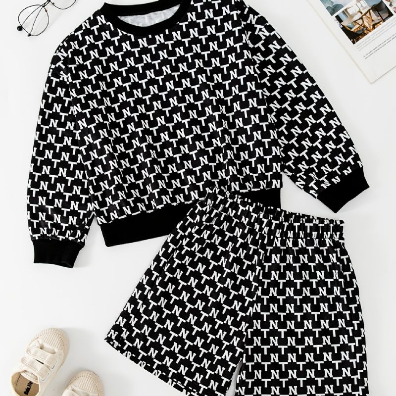 Piger Alfabet Mønster Sweatshirt + Matchende Shorts Sæt Børnetøj