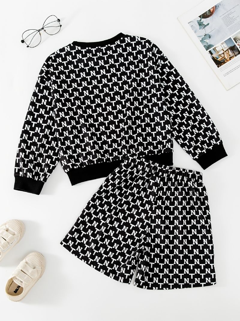 Piger Alfabet Mønster Sweatshirt + Matchende Shorts Sæt Børnetøj