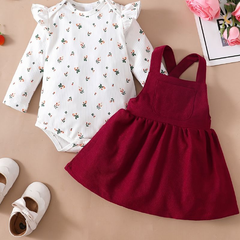 Piger Blomsterprint Flæse Skulder Romper Bodysuit + Ensfarvet Suspender Dress Sæt Babytøj