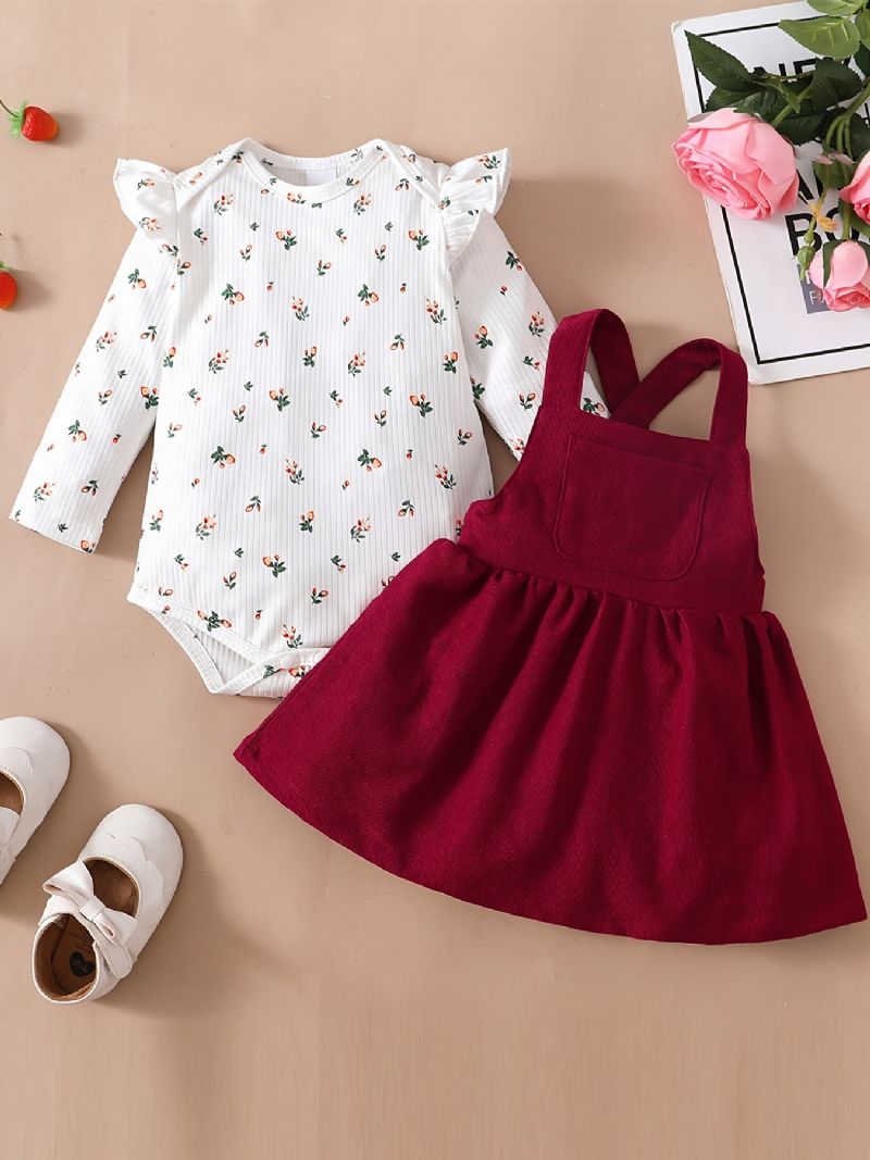 Piger Blomsterprint Flæse Skulder Romper Bodysuit + Ensfarvet Suspender Dress Sæt Babytøj