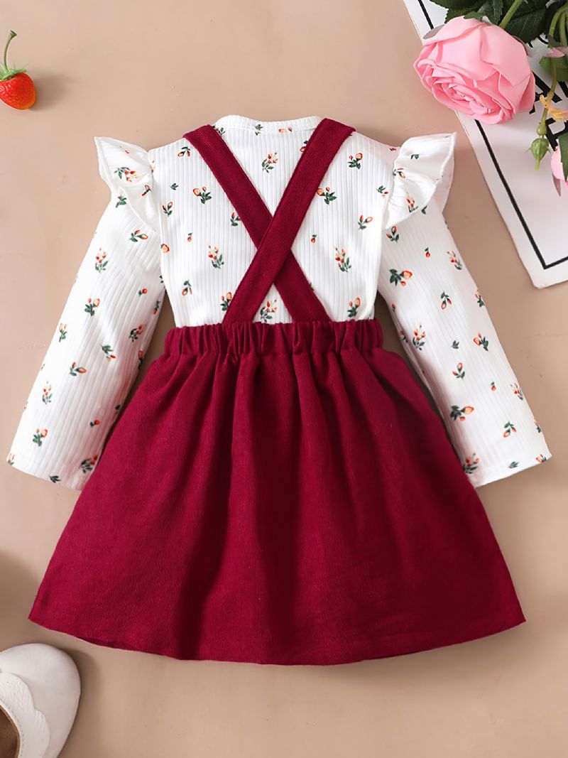 Piger Blomsterprint Flæse Skulder Romper Bodysuit + Ensfarvet Suspender Dress Sæt Babytøj