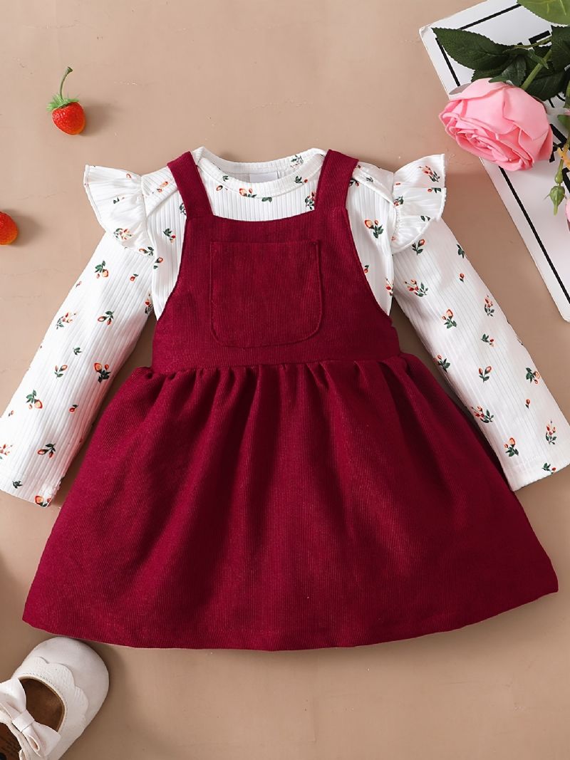 Piger Blomsterprint Flæse Skulder Romper Bodysuit + Ensfarvet Suspender Dress Sæt Babytøj