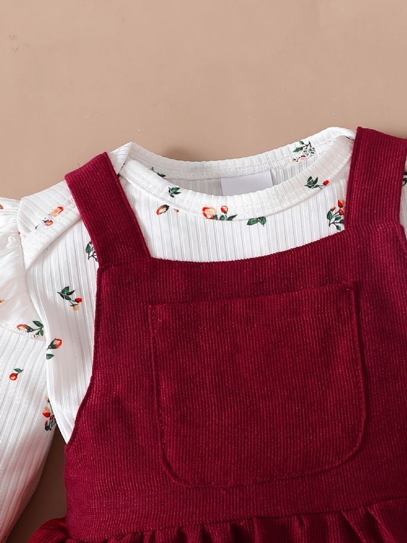 Piger Blomsterprint Flæse Skulder Romper Bodysuit + Ensfarvet Suspender Dress Sæt Babytøj