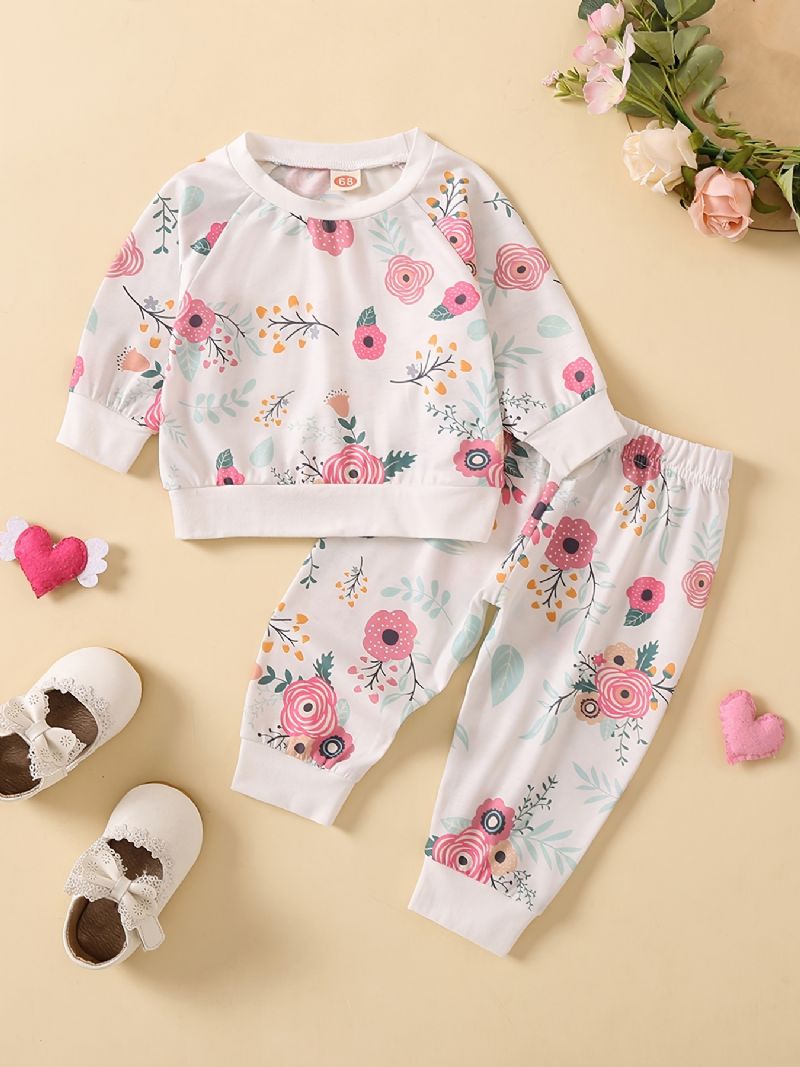 Piger Blomsterprint Langærmet Sweatshirt + Bukser Sæt Nyfødte Babytøj Outfits