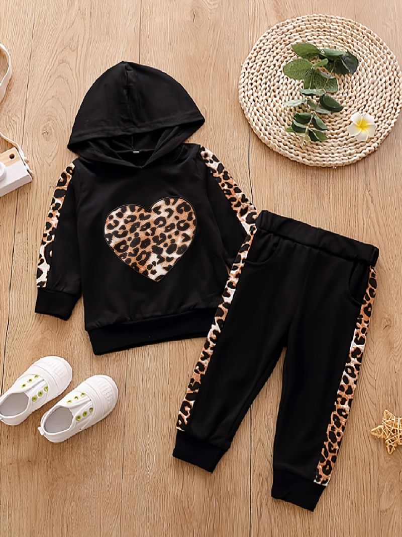 Piger Casual Active Sæt Med Leopard Hjerteformet Print Hættetrøje Og Joggingbukser Til Vinter