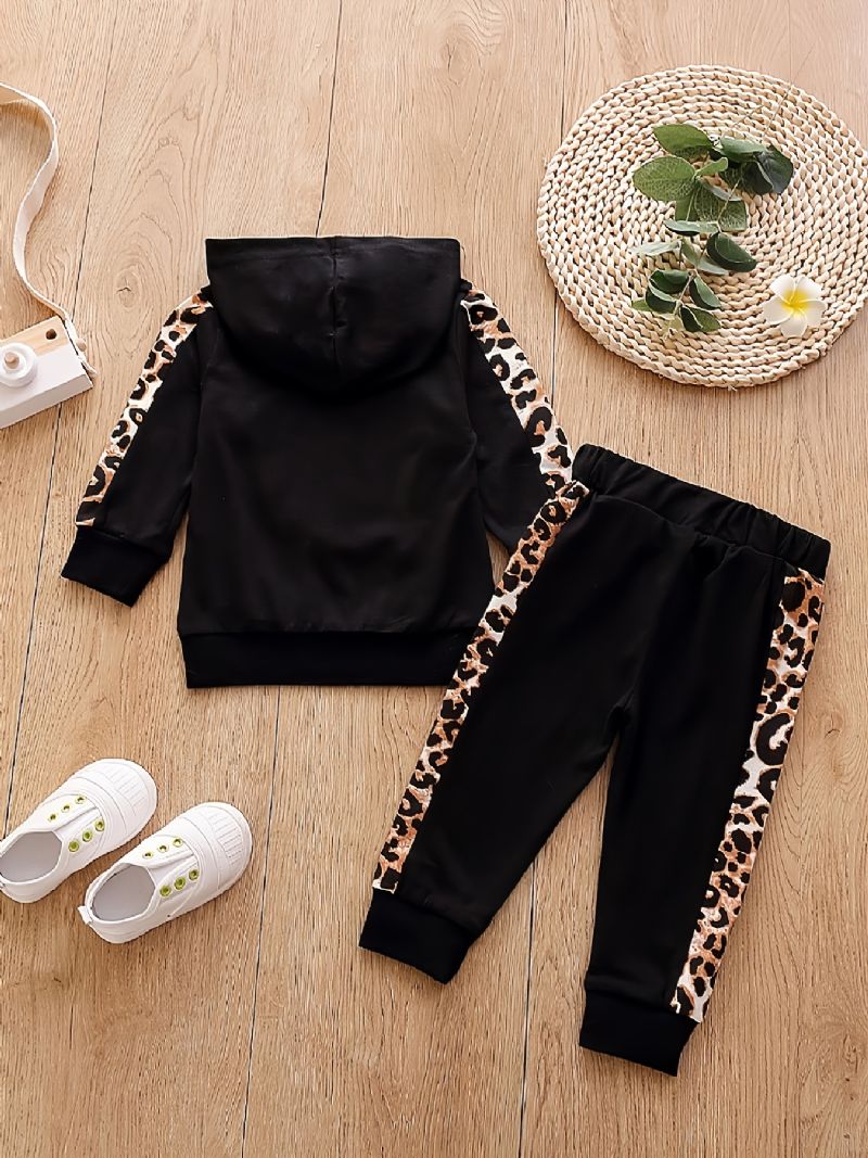 Piger Casual Active Sæt Med Leopard Hjerteformet Print Hættetrøje Og Joggingbukser Til Vinter