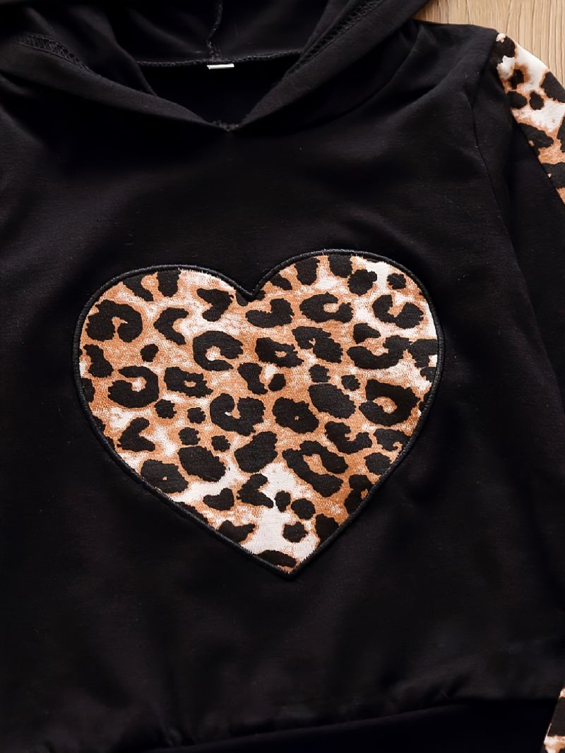Piger Casual Active Sæt Med Leopard Hjerteformet Print Hættetrøje Og Joggingbukser Til Vinter
