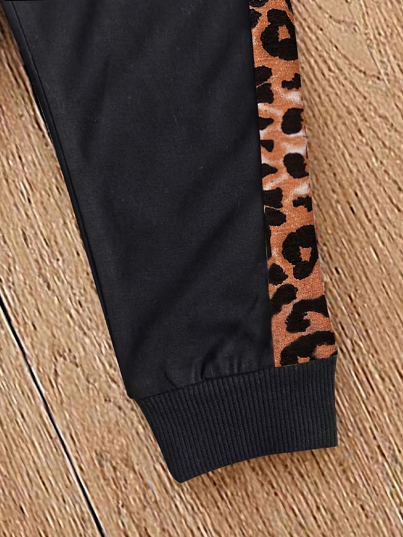 Piger Casual Active Sæt Med Leopard Hjerteformet Print Hættetrøje Og Joggingbukser Til Vinter
