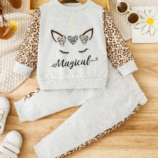Piger Casual Leopard Unicorn Print Sæt Med Color Block Pullover Sweatshirt & Sweatpants