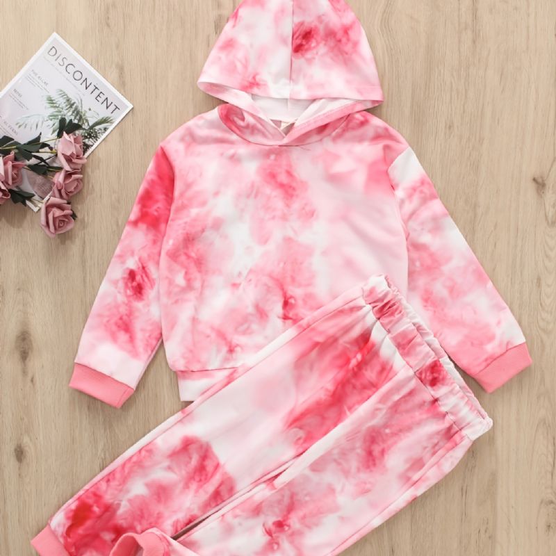 Piger Casual Pink Tie Dye Print Langærmet Hættetrøje Buksesæt Efterår Vinter
