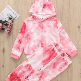 Piger Casual Pink Tie Dye Print Langærmet Hættetrøje Buksesæt Efterår Vinter