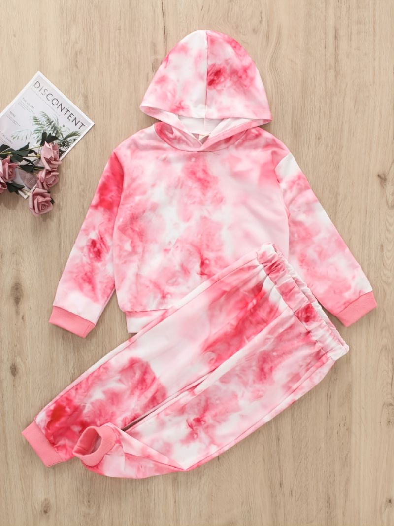 Piger Casual Pink Tie Dye Print Langærmet Hættetrøje Buksesæt Efterår Vinter
