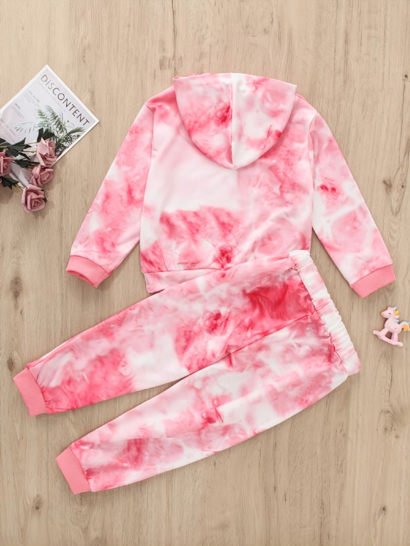 Piger Casual Pink Tie Dye Print Langærmet Hættetrøje Buksesæt Efterår Vinter