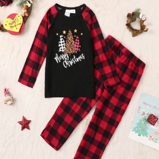 Piger Casual Stitching Plaid Sæt Med Jul Print Pullover Langærmet Top & Bukser Sæt Til Fest