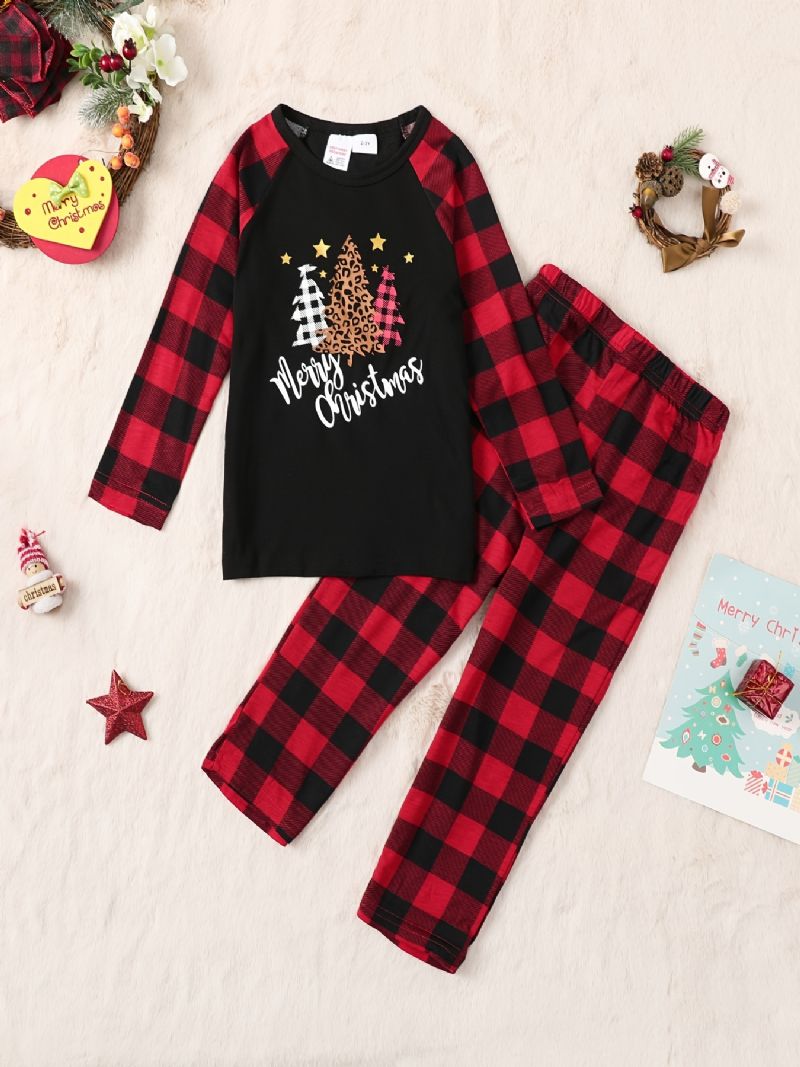 Piger Casual Stitching Plaid Sæt Med Jul Print Pullover Langærmet Top & Bukser Sæt Til Fest