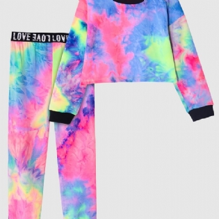 Piger Casual Tie Dye Print Sæt Med Langærmet Kort Pullover Sweatshirt & Sweatpants Sæt