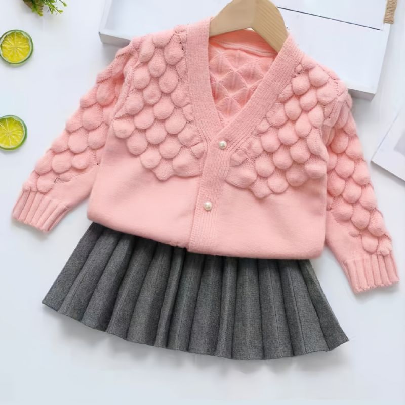 Piger Ensfarvet Afslappet Pink Sweater Grå Plisseret Nederdel Sæt