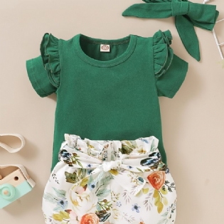 Piger Flæse Kortærmet Top + Blomstermønster Shorts + Pandebånd Sæt Babytøj