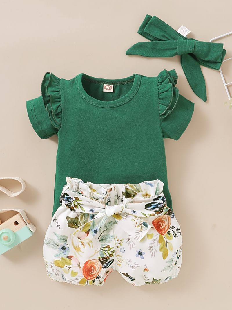 Piger Flæse Kortærmet Top + Blomstermønster Shorts + Pandebånd Sæt Babytøj