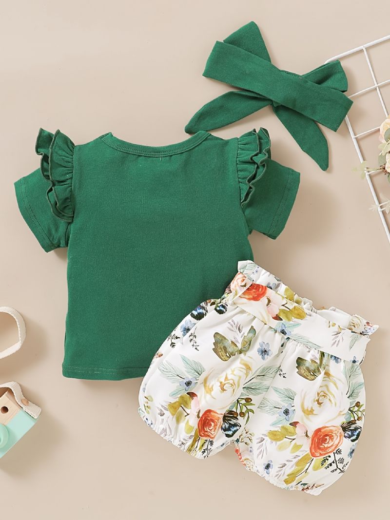 Piger Flæse Kortærmet Top + Blomstermønster Shorts + Pandebånd Sæt Babytøj