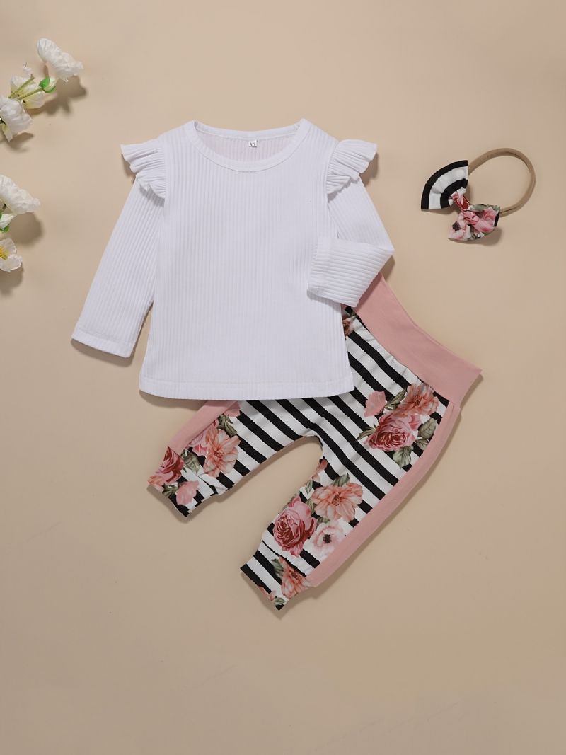 Piger Flæse Skulder Top Med Rund Hals + Blomsterprint Bukser + Hårbånd Sæt Børnetøj