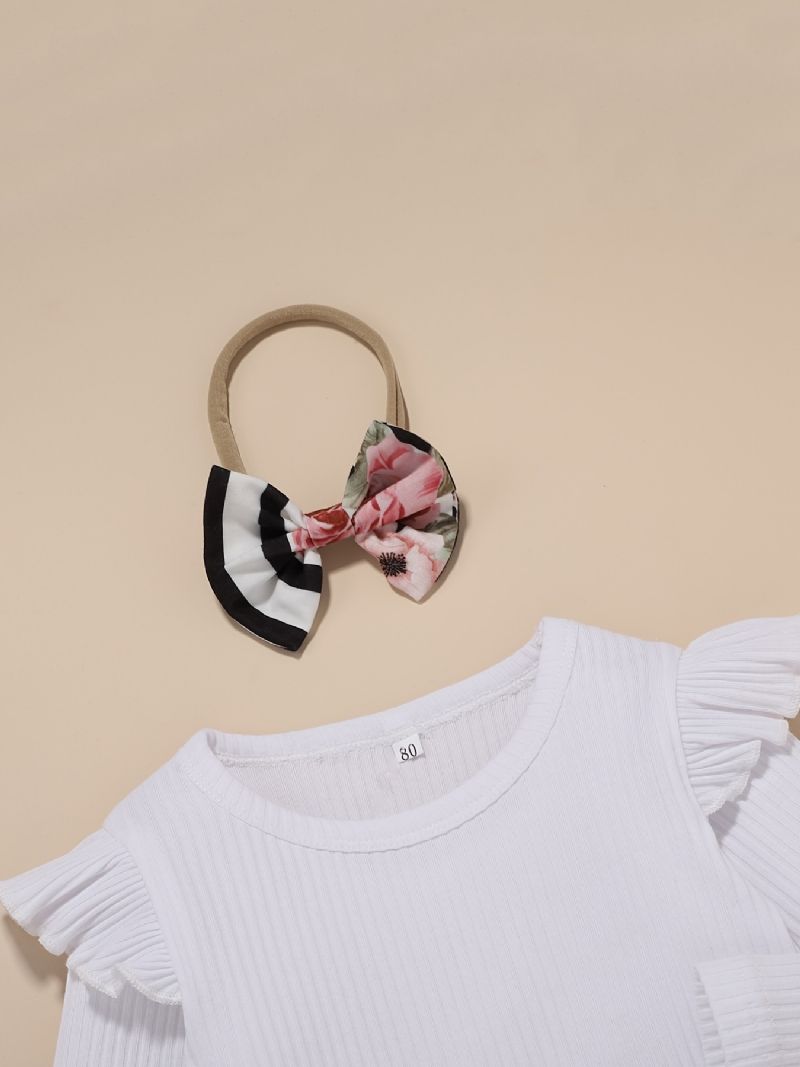 Piger Flæse Skulder Top Med Rund Hals + Blomsterprint Bukser + Hårbånd Sæt Børnetøj