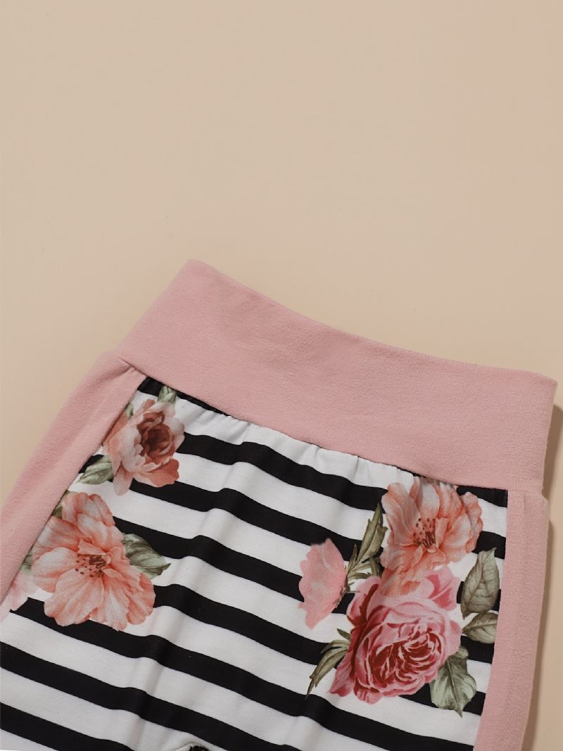 Piger Flæse Skulder Top Med Rund Hals + Blomsterprint Bukser + Hårbånd Sæt Børnetøj