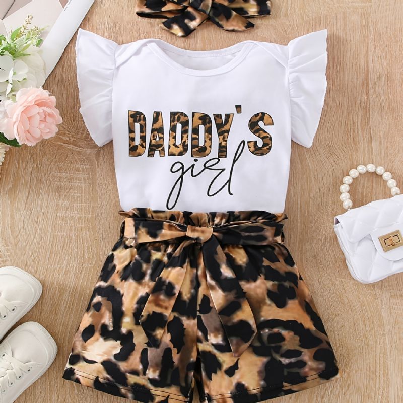 Piger Flæseskulder Ærmeløs Romper Bodysuit + Leopardprint Shorts Med Bælte + Pandebånd Sæt Babytøj