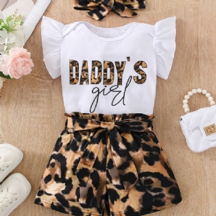 Piger Flæseskulder Ærmeløs Romper Bodysuit + Leopardprint Shorts Med Bælte + Pandebånd Sæt Babytøj