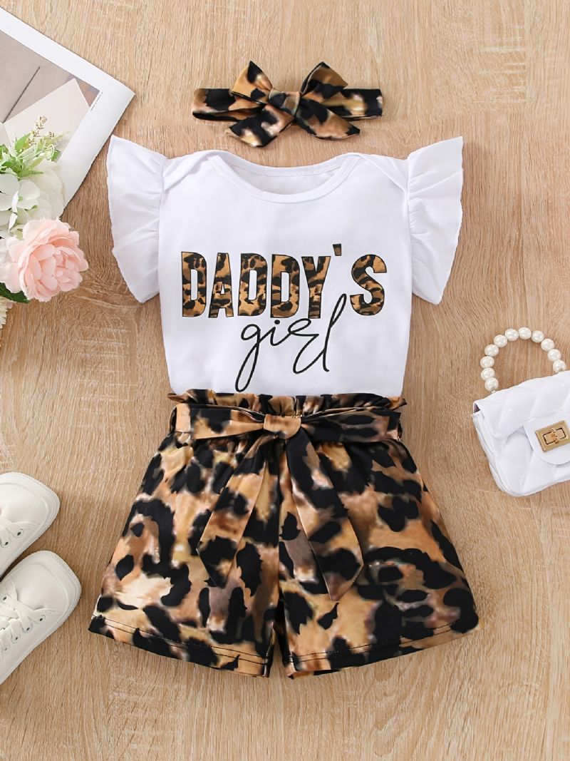 Piger Flæseskulder Ærmeløs Romper Bodysuit + Leopardprint Shorts Med Bælte + Pandebånd Sæt Babytøj