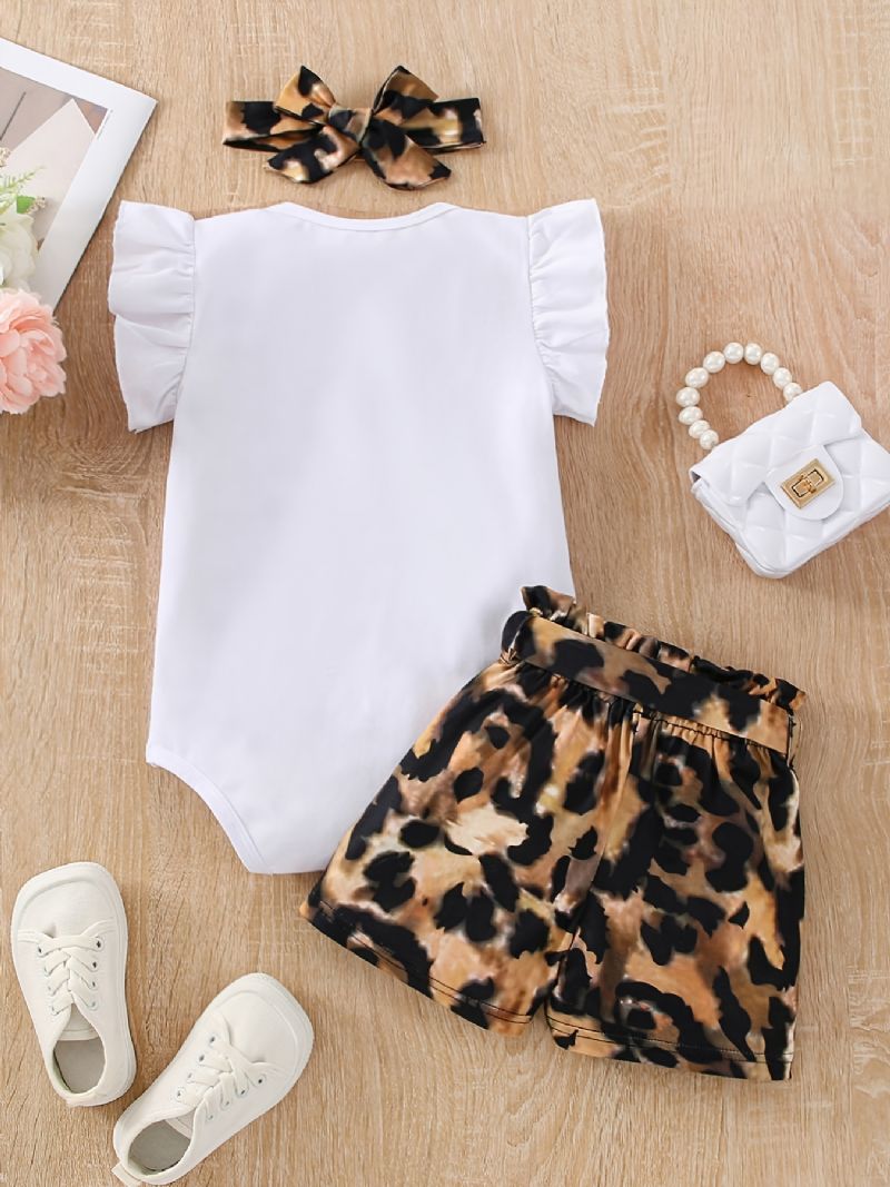 Piger Flæseskulder Ærmeløs Romper Bodysuit + Leopardprint Shorts Med Bælte + Pandebånd Sæt Babytøj