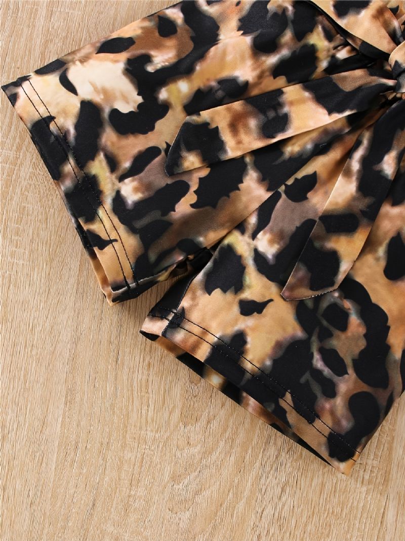 Piger Flæseskulder Ærmeløs Romper Bodysuit + Leopardprint Shorts Med Bælte + Pandebånd Sæt Babytøj