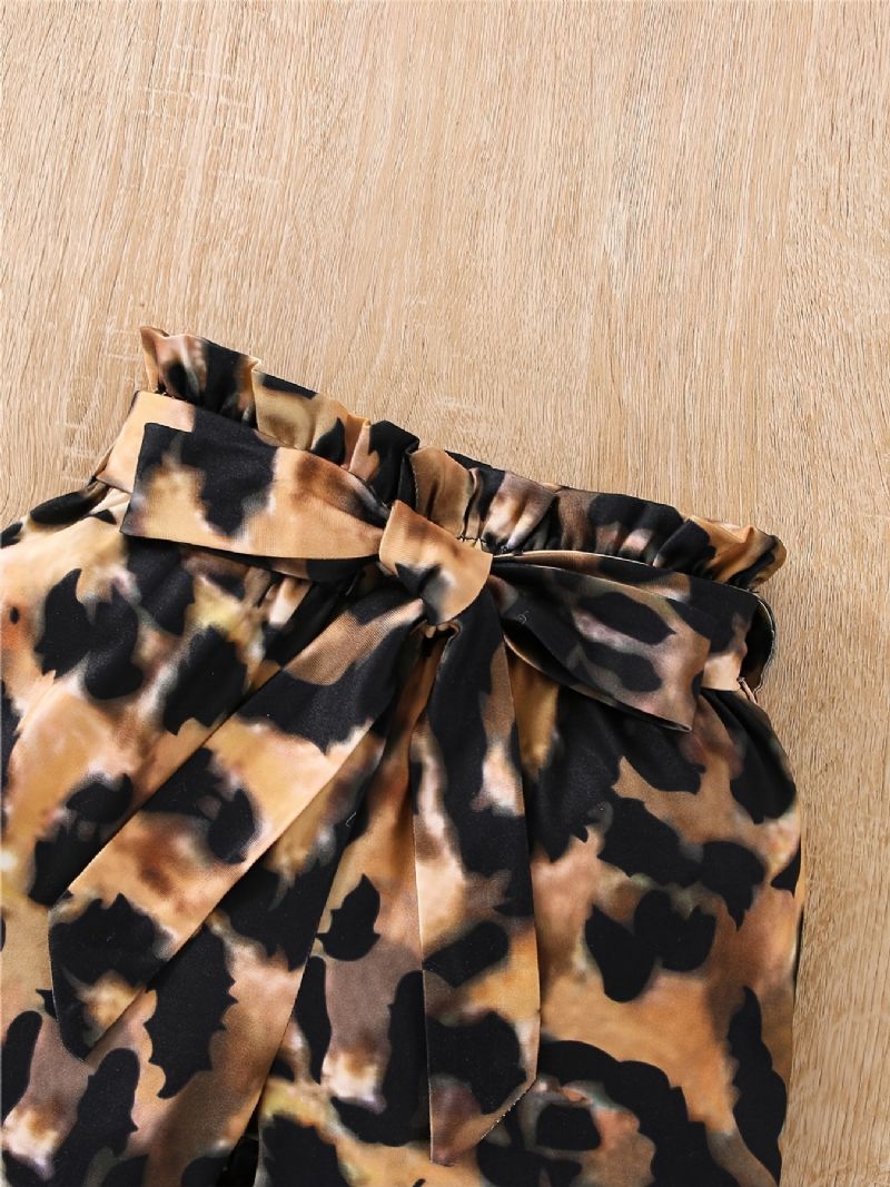 Piger Flæseskulder Ærmeløs Romper Bodysuit + Leopardprint Shorts Med Bælte + Pandebånd Sæt Babytøj