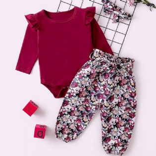 Piger Flæseskulder Langærmet Romper Bodysuit + Blomsterprint Bukser + Pandebånd Sæt Babytøj