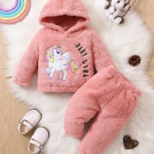 Piger Fleece Unicorn Broderet Pullover Hættetrøje + Bukser Sæt Babytøj Til Vinter