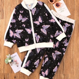 Piger Flower Butterfly Print Langærmet Lynlås Cardigan Jakke & Bukser Casual Sæt