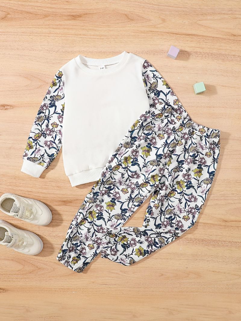 Piger Flower Print Langærmet Sweatshirt & Sweatpants Sæt