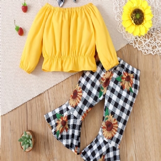 Piger Gul Crop Off Shoulder Langærmet+plaid Sunflower Flare Leg Bukser+bow Pandebånd 3stk Sæt