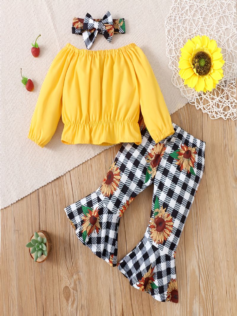 Piger Gul Crop Off Shoulder Langærmet+plaid Sunflower Flare Leg Bukser+bow Pandebånd 3stk Sæt
