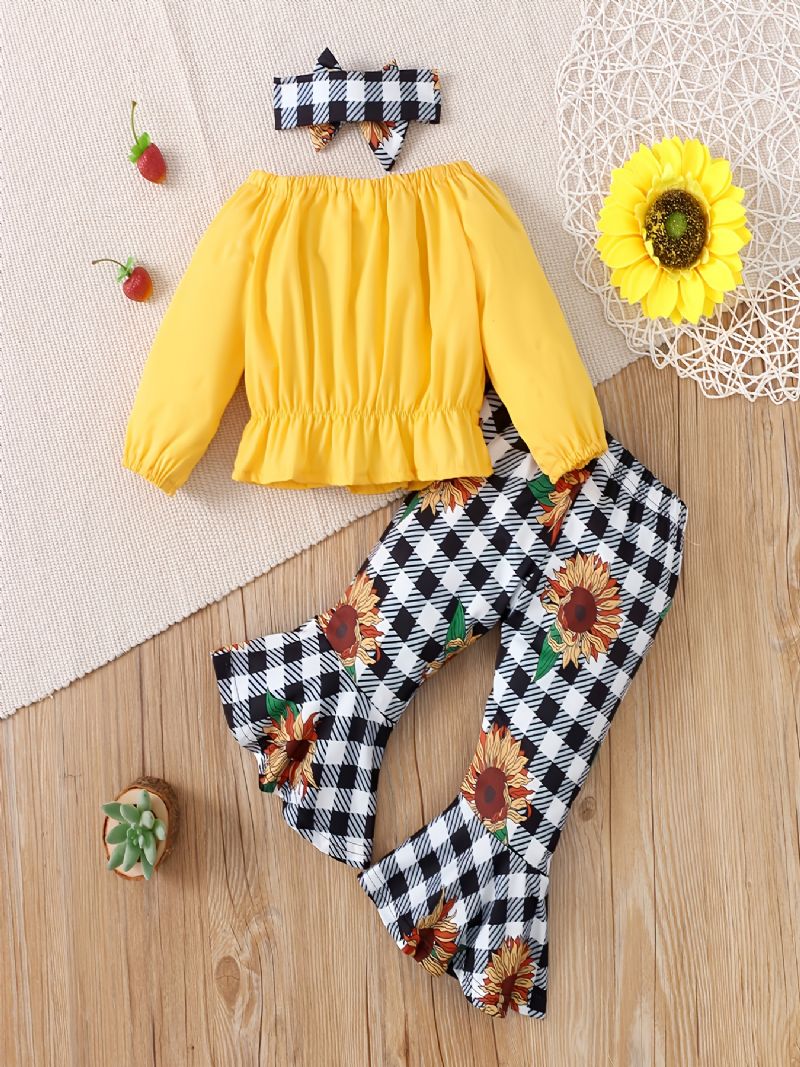 Piger Gul Crop Off Shoulder Langærmet+plaid Sunflower Flare Leg Bukser+bow Pandebånd 3stk Sæt