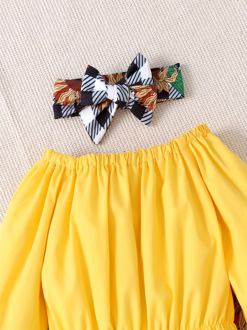 Piger Gul Crop Off Shoulder Langærmet+plaid Sunflower Flare Leg Bukser+bow Pandebånd 3stk Sæt
