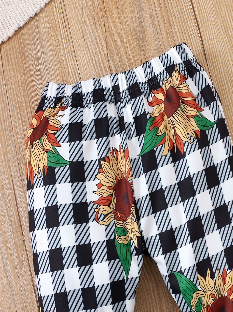 Piger Gul Crop Off Shoulder Langærmet+plaid Sunflower Flare Leg Bukser+bow Pandebånd 3stk Sæt