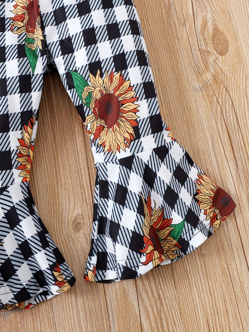 Piger Gul Crop Off Shoulder Langærmet+plaid Sunflower Flare Leg Bukser+bow Pandebånd 3stk Sæt